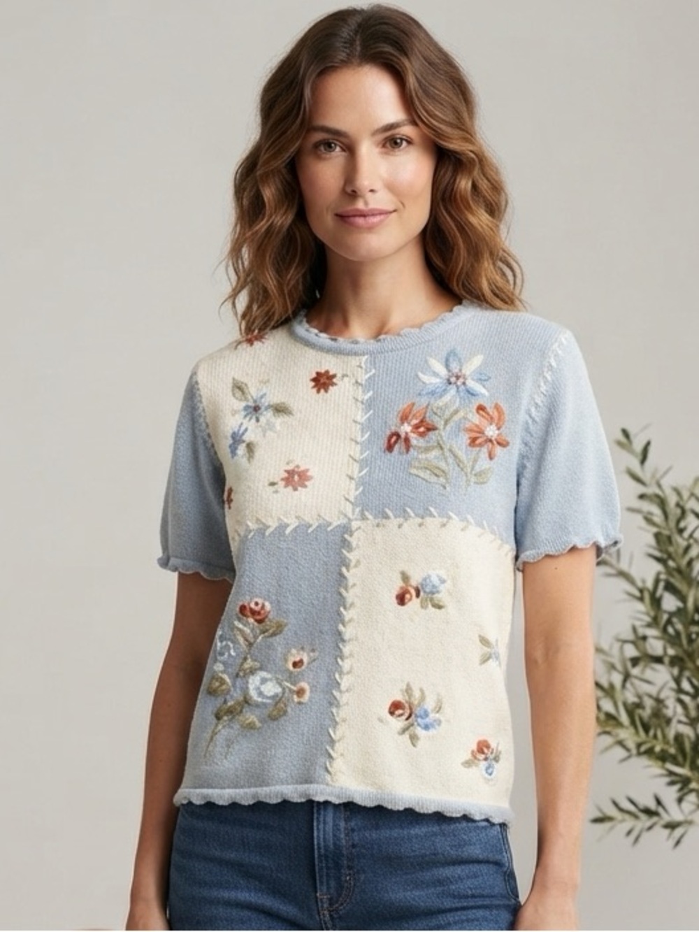 Embroidered Patchwork Short-Sleeve Sweater - Light Blue & Cream